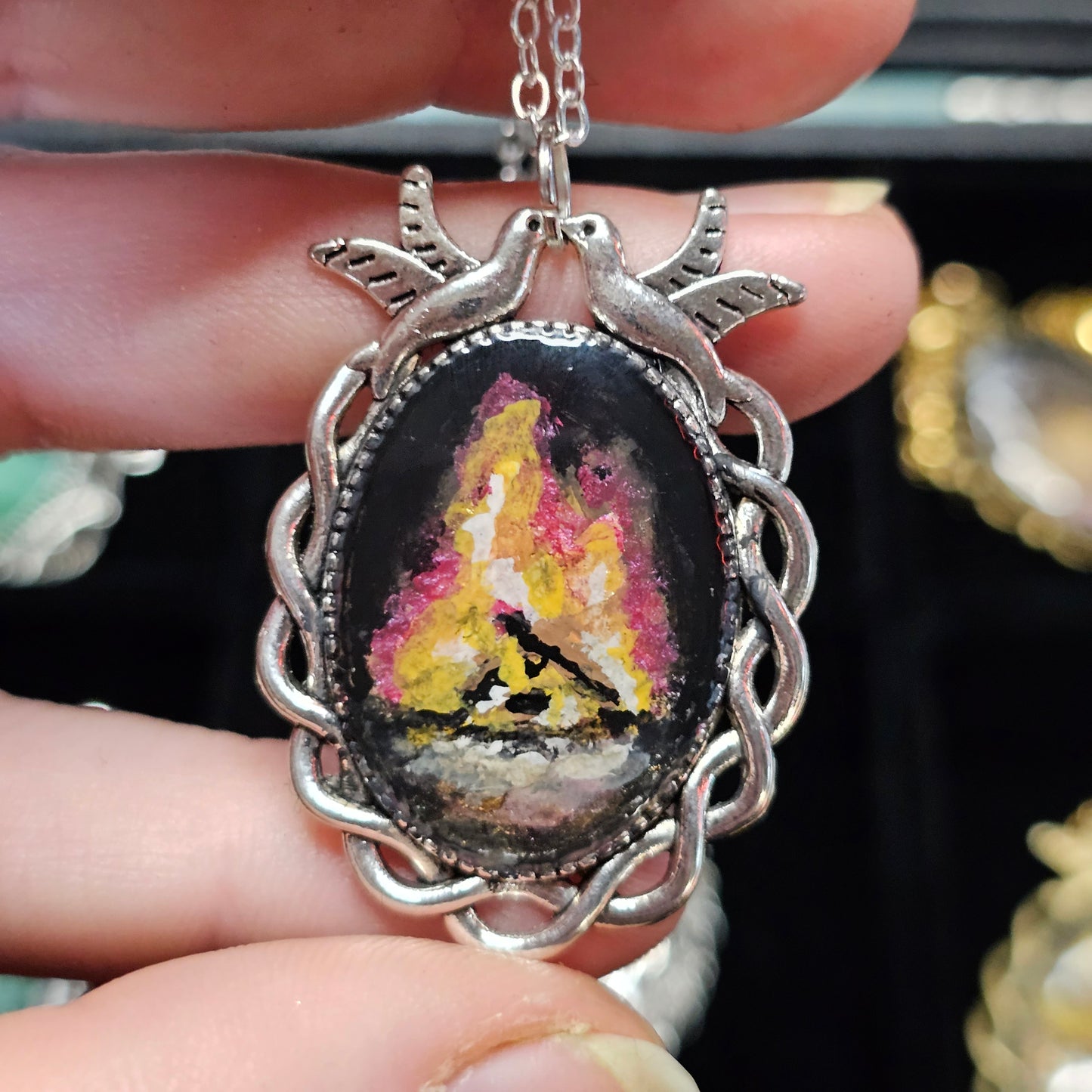 Hand painted necklace- Kissing Doves, Campfire