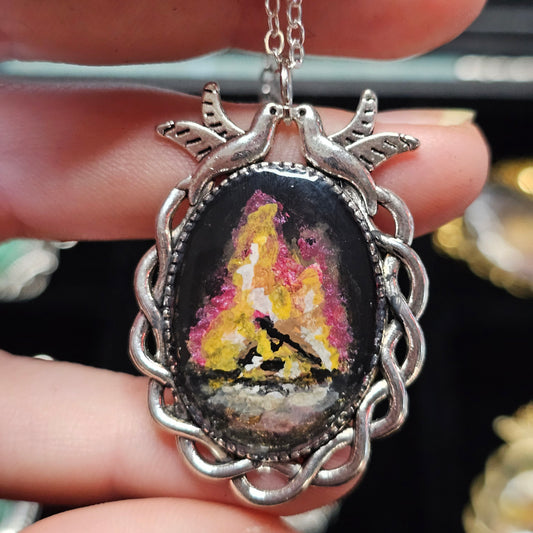 Hand painted necklace- Kissing Doves, Campfire