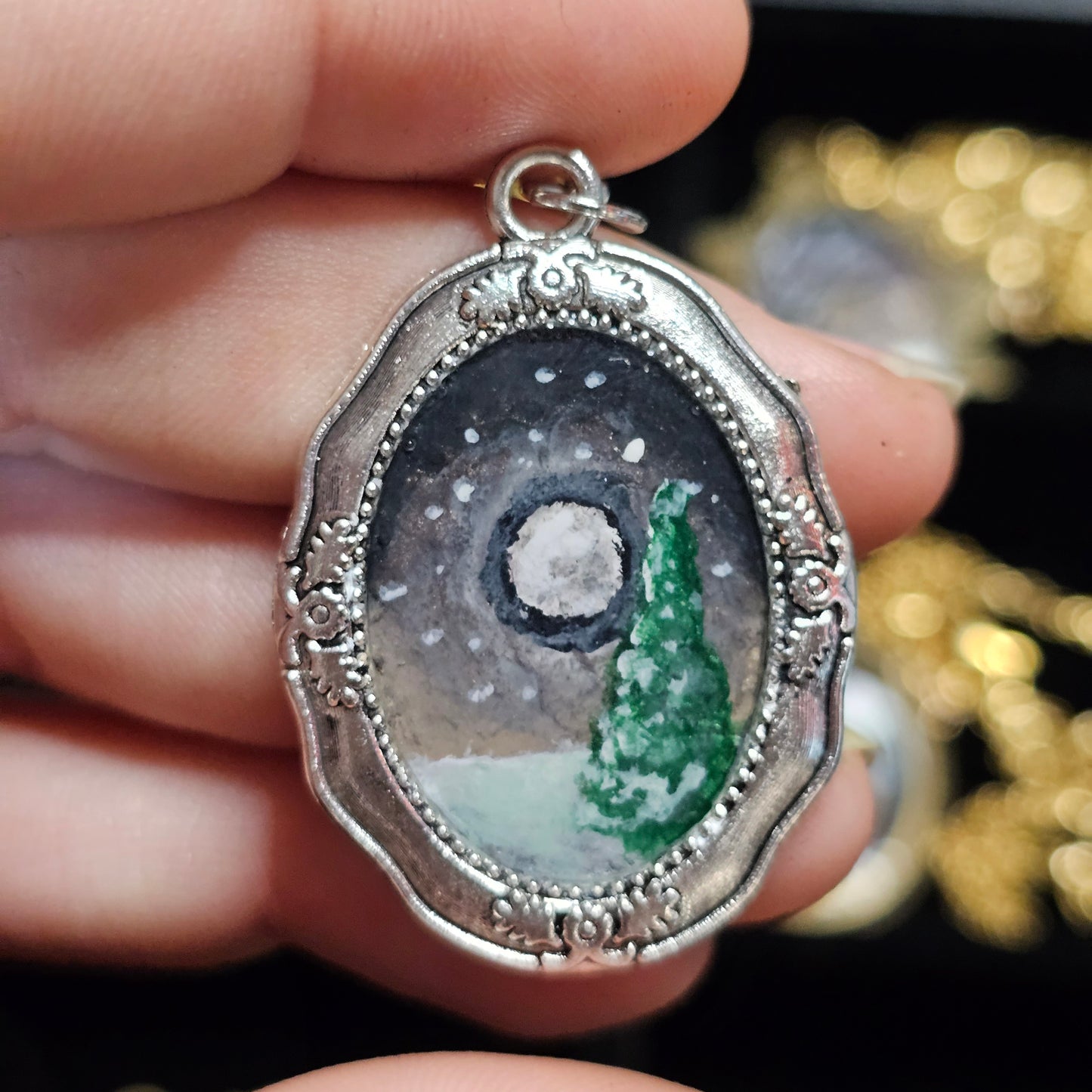 Hand painted necklace- Evergreen Winter Nights Silver