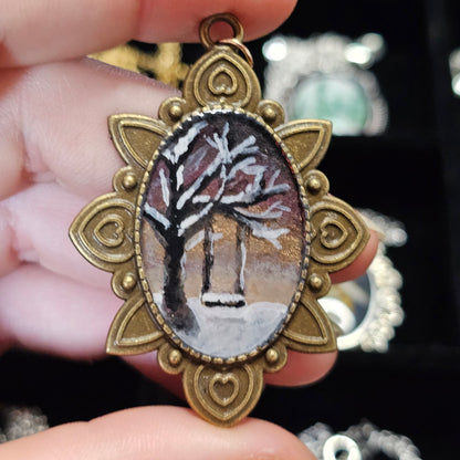 Hand painted necklace- Winter Tree Swing