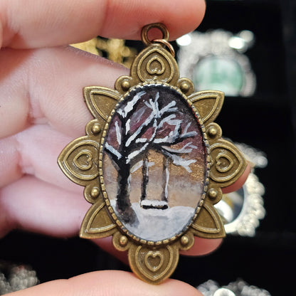 Hand painted necklace- Winter Tree Swing