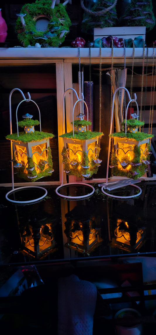 Lantern Terrarium/ Heart design with LED flicker candle, covered in moss and mushrooms