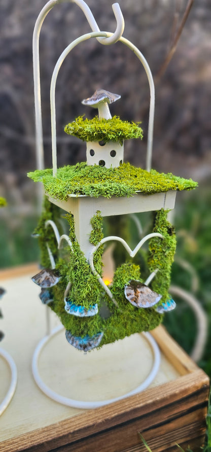 Lantern Terrarium/ Heart design with LED flicker candle, covered in moss and mushrooms